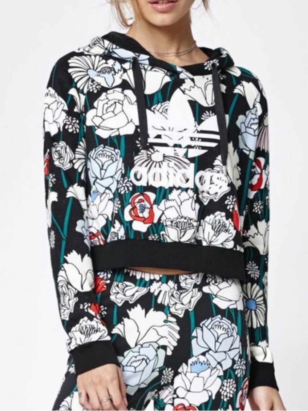 adidas Floral Cropped Hoodie in Green, Black, White, Blue, Red